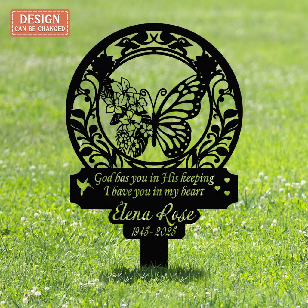Personalized Memorial Stake Metal Sign - Sympathy Remembrance Gift - God Has You In His Keeping I Have You In My Heart