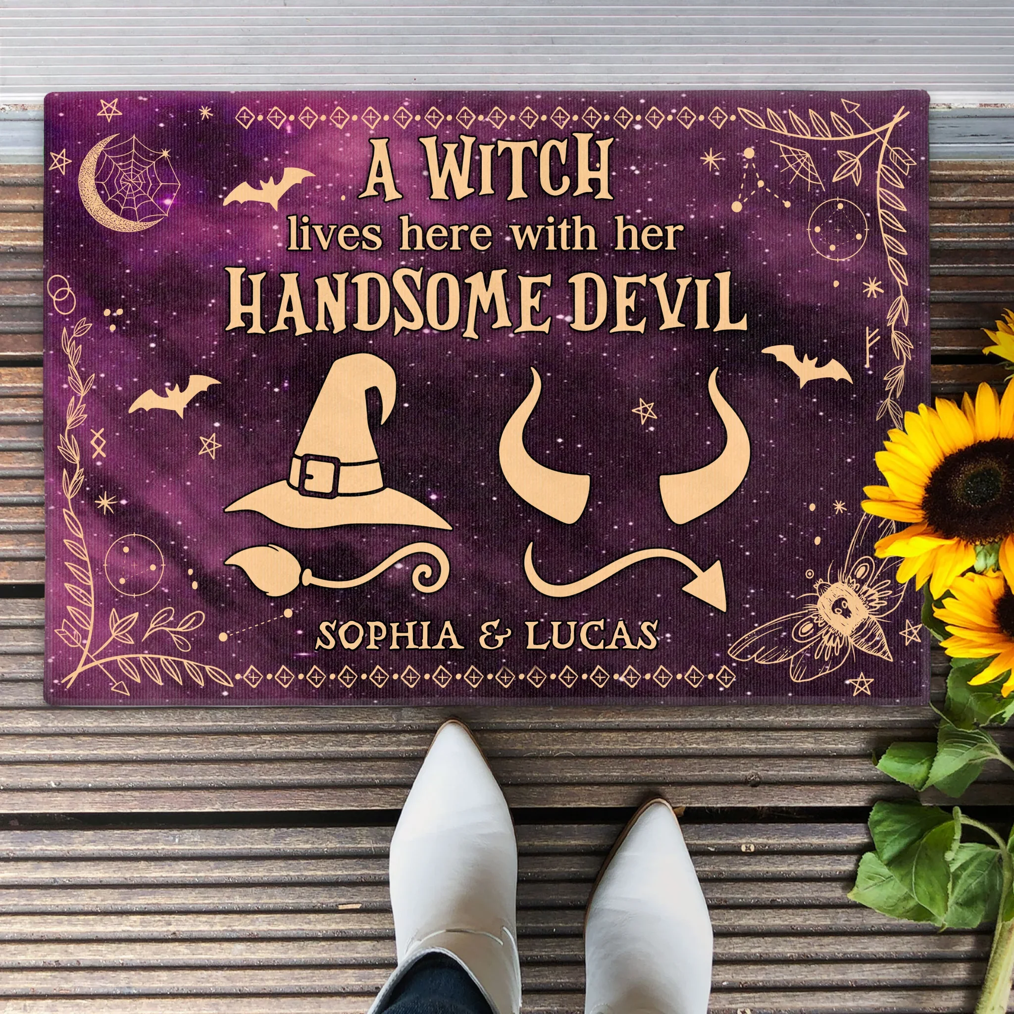 Personalized Witch & Devil Doormat - Gift Idea For Couple - A Witch Lives Here With Her Handsome Devil