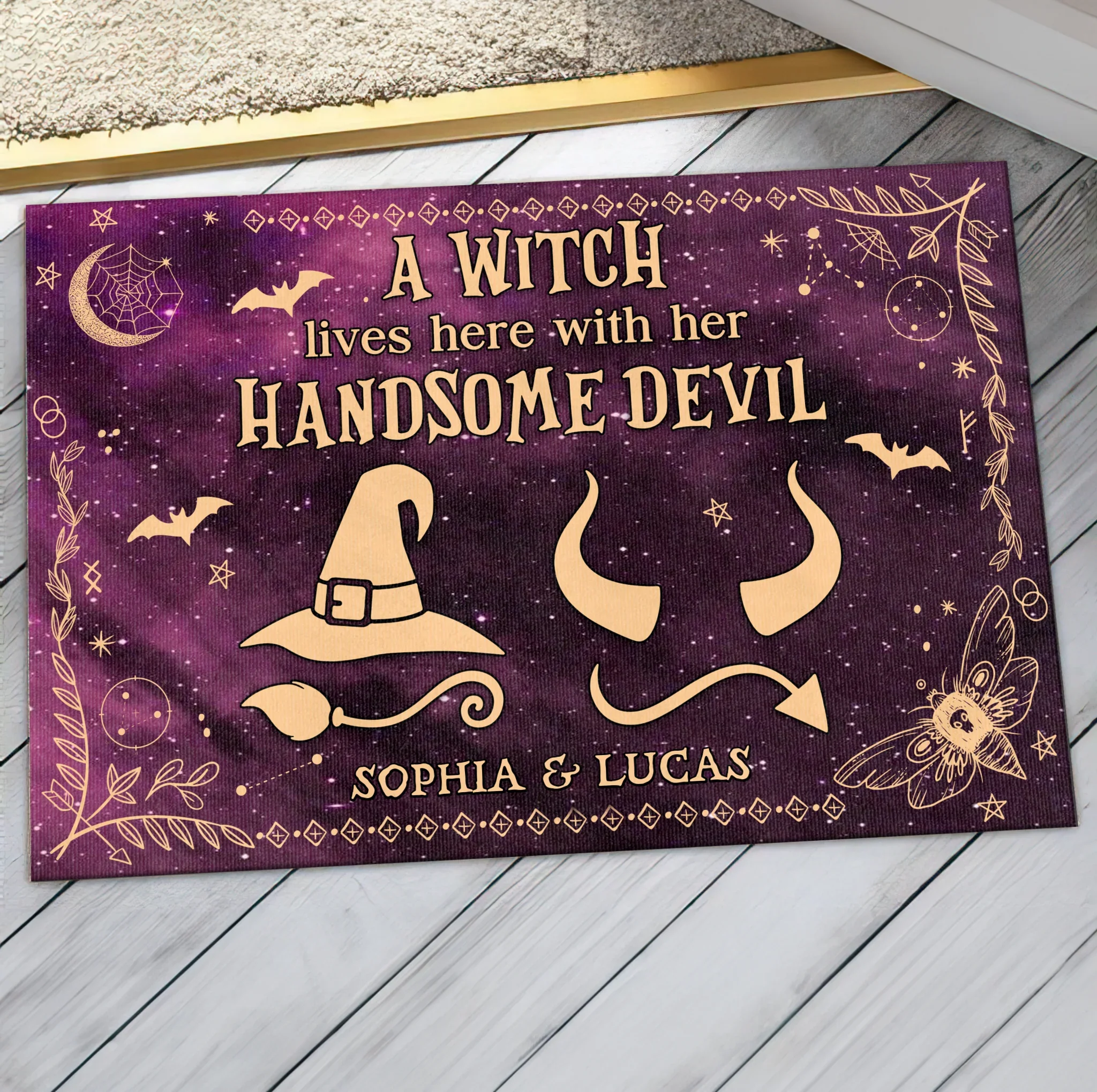 Personalized Witch & Devil Doormat - Gift Idea For Couple - A Witch Lives Here With Her Handsome Devil