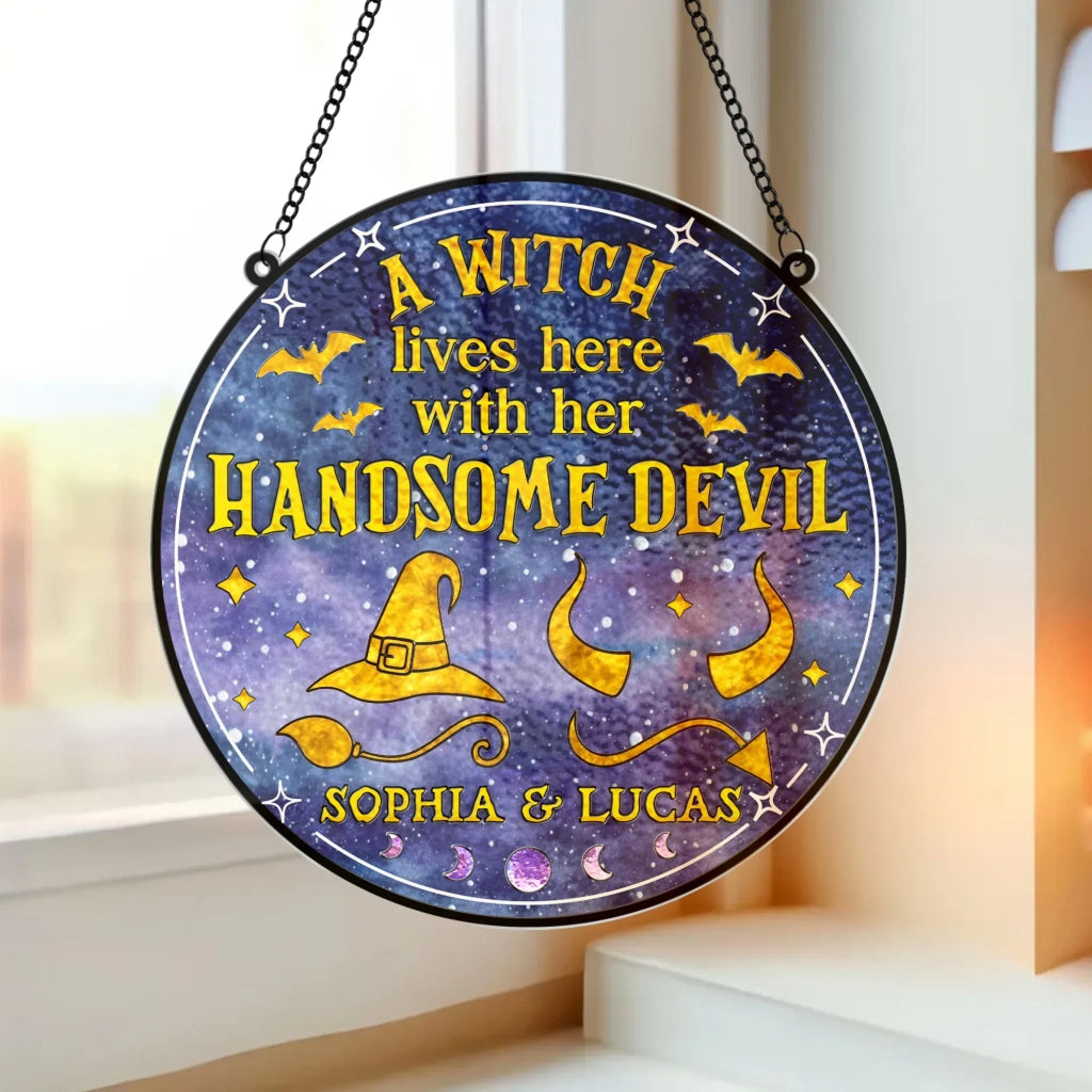 Personalized Witch & Devil Acrylic Suncatcher - Gift Idea For Couple - A Witch Lives Here With Her Handsome Devil