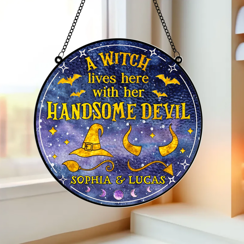 Personalized Witch & Devil Acrylic Suncatcher - Gift Idea For Couple - A Witch Lives Here With Her Handsome Devil