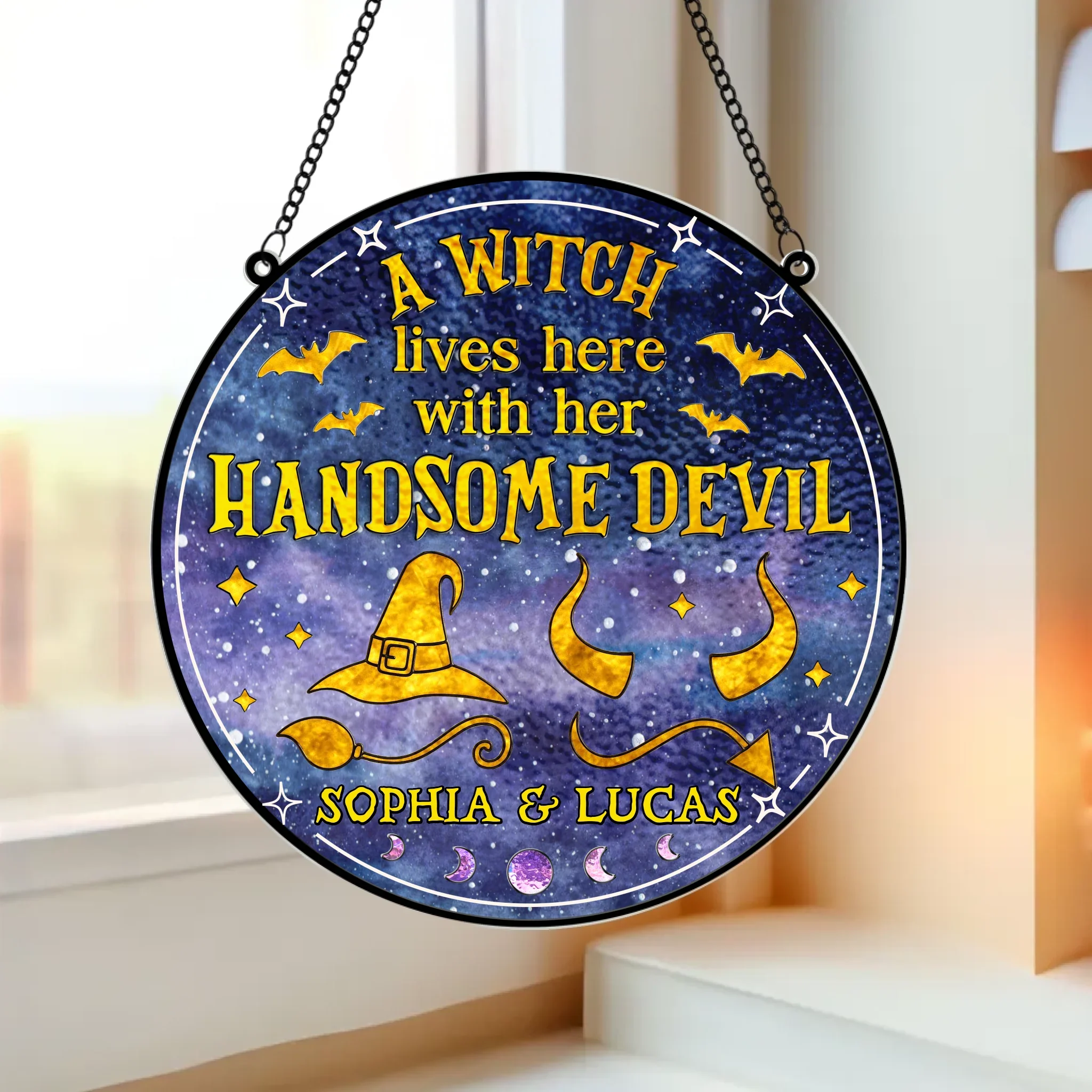 Personalized Witch & Devil Acrylic Suncatcher - Gift Idea For Couple - A Witch Lives Here With Her Handsome Devil