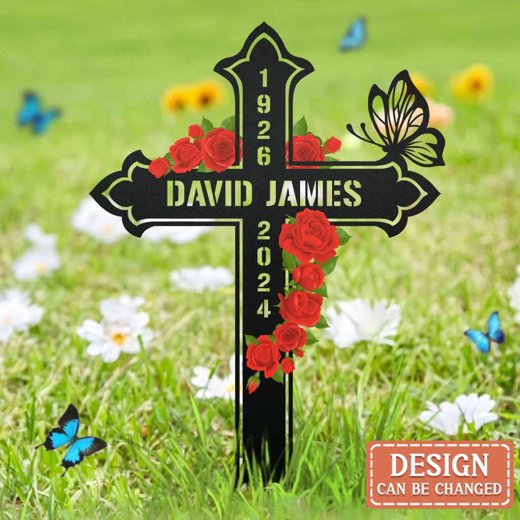 Custom Personalized Memorial Cross Stake Metal Sign - Memorial Gift Idea