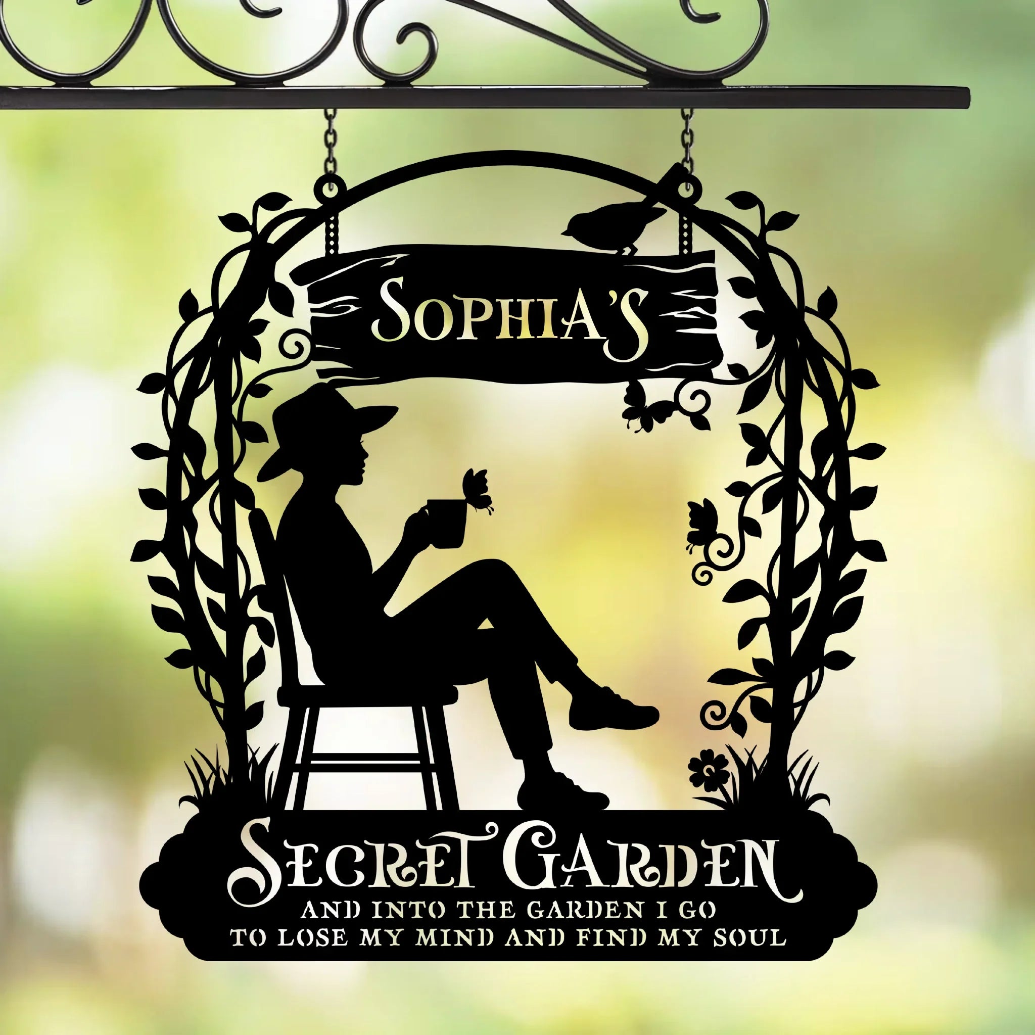 Personalized Secret Garden Black Metal Sign - Gift Idea For Garden Lovers - And Into The Garden I Go To Lose My Mind And Find My Soul