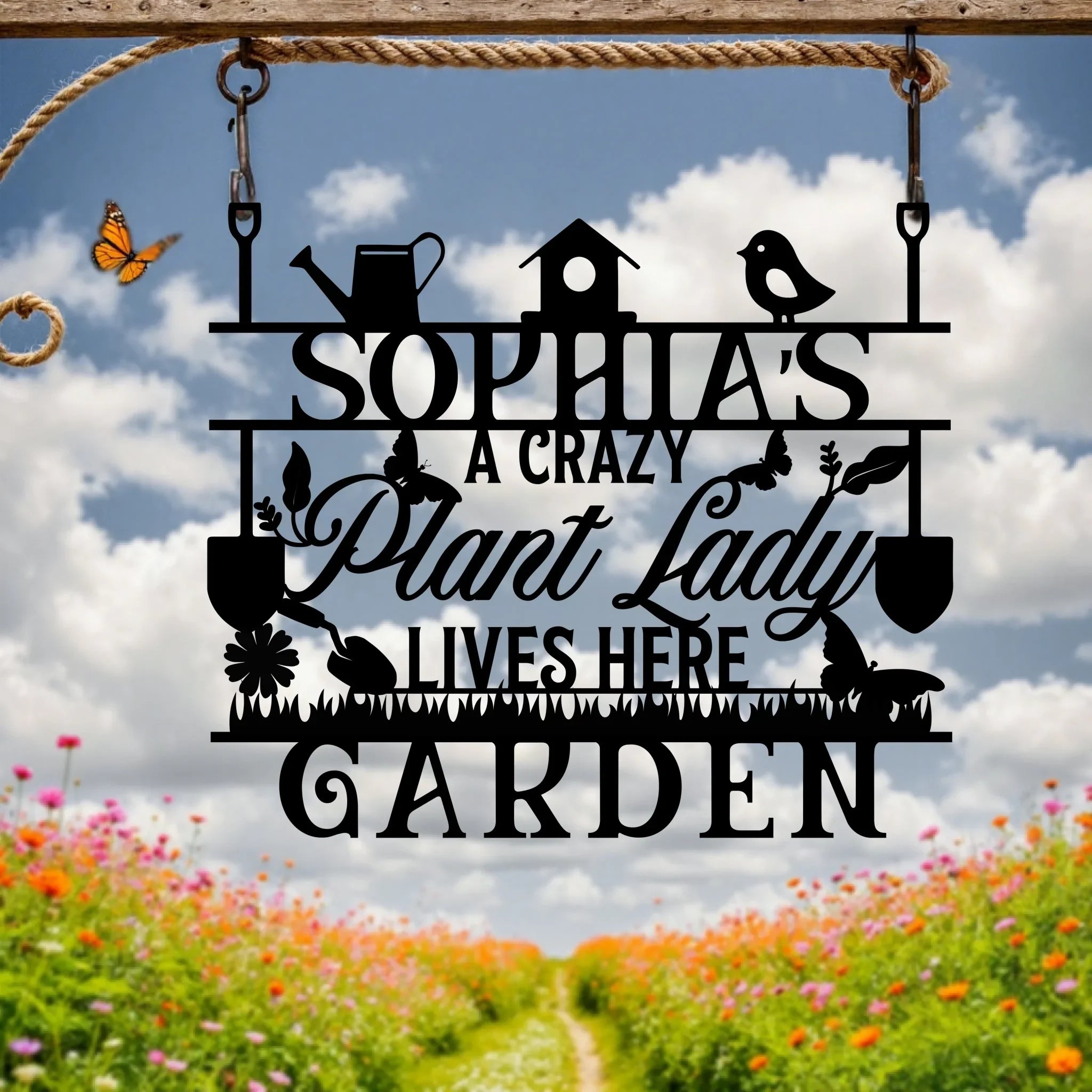 Personalized Garden Black Metal Sign - Gift Idea For Garden Owner - A Crazy Plant Lady Lives Here