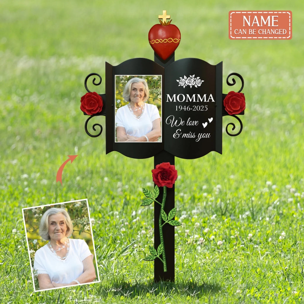 Personalized Memorial Rosy Cross Stake Metal Sign - Memorial Gift Idea - Upload Photo