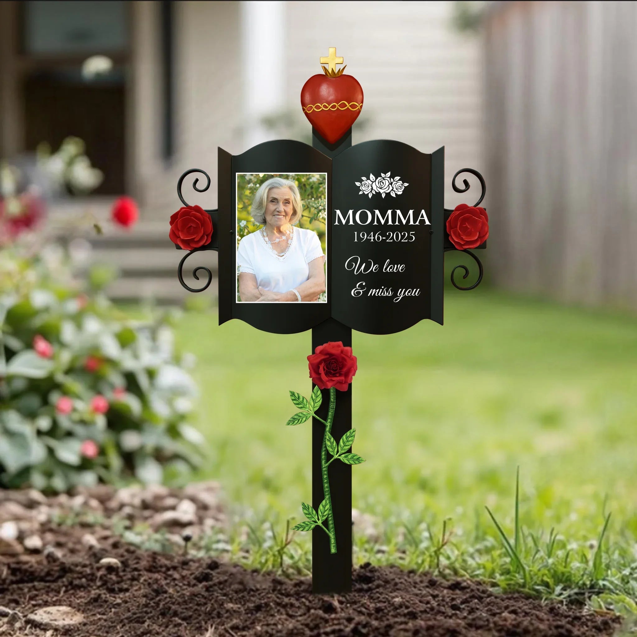 Personalized Memorial Rosy Cross Stake Metal Sign - Memorial Gift Idea - Upload Photo