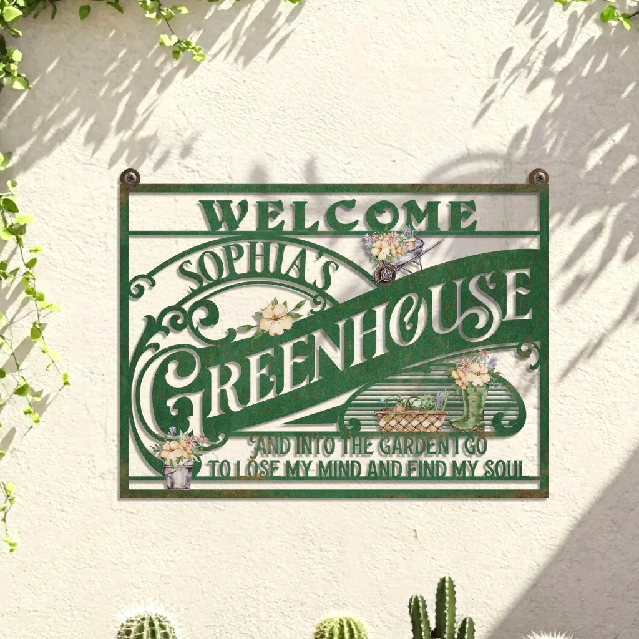 Personalized Welcome Greenhouse Metal Sign - Gift Idea For Garden Lover - And Into The Garden I Go To Lose My Mind And Find My Soul