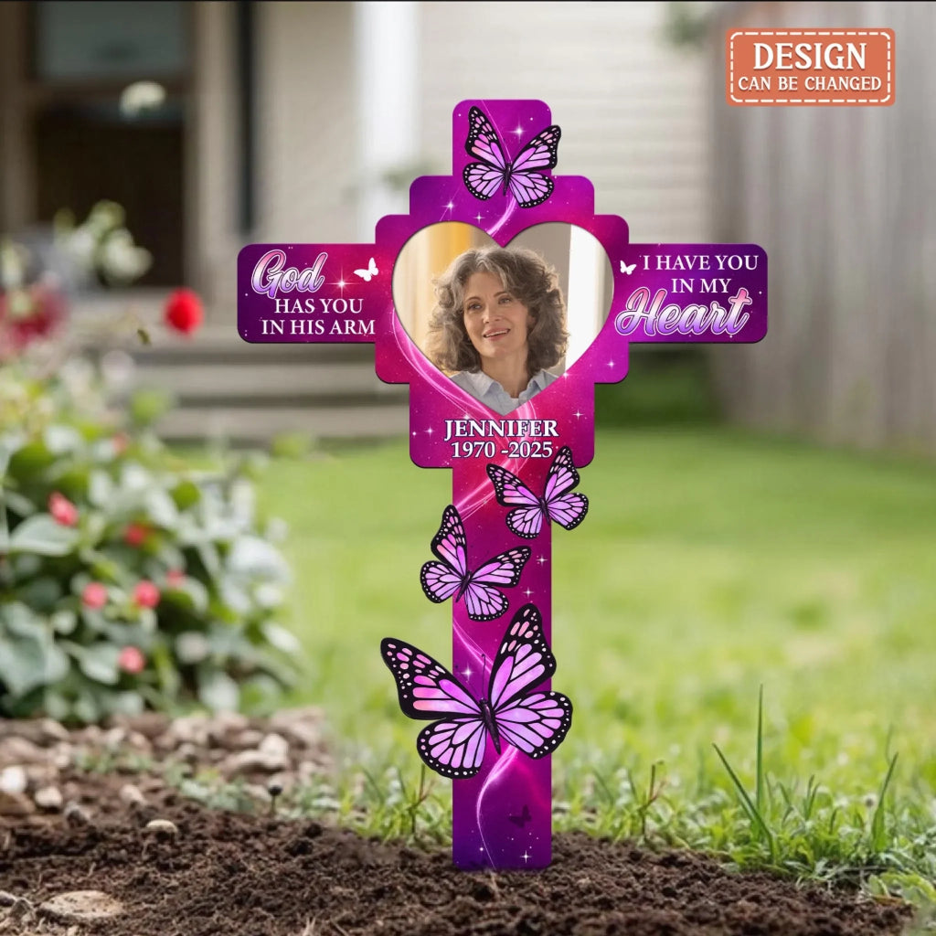 Personalized Memorial Metal Sign - Upload Photo - Memorial Gift Idea - God Has You In His Arm I Have You In My Heart