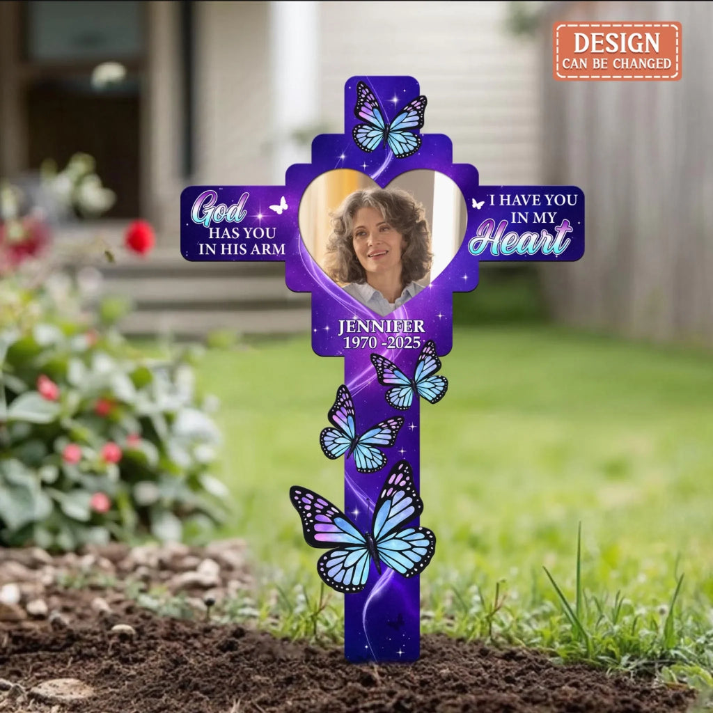 Personalized Memorial Metal Sign - Upload Photo - Memorial Gift Idea - God Has You In His Arm I Have You In My Heart
