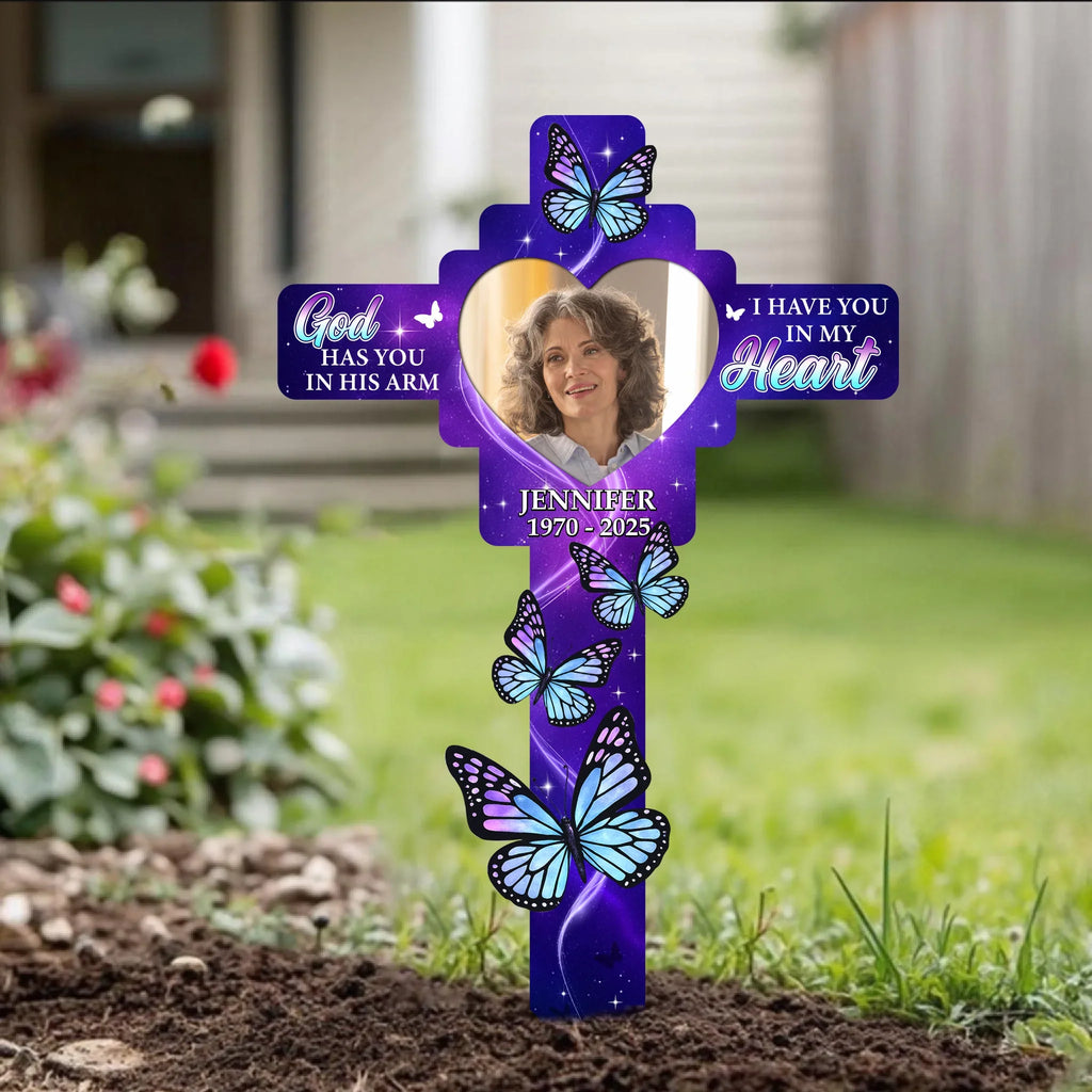 Personalized Memorial Metal Sign - Upload Photo - Memorial Gift Idea - God Has You In His Arm I Have You In My Heart