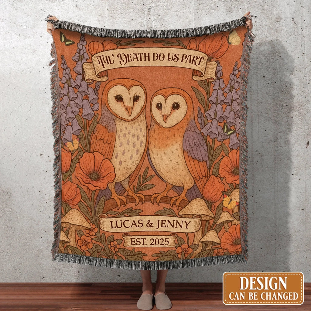 Personalized Owl Couple Cottage Ultra-Soft Fringer Blanket - Gift Idea For Couple - Til's Death Do Us Part