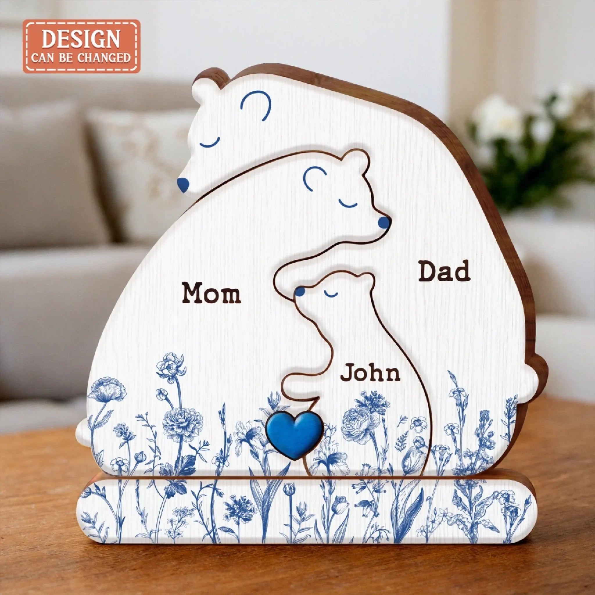 Personalized Hugging Bear Family Toile De Jouy Wooden Puzzle - Parents With Up to 3 Children - Gift Idea For Family