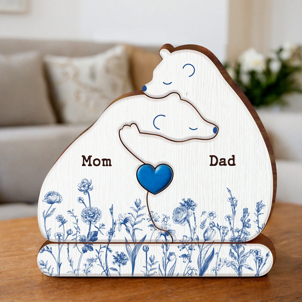 Personalized Hugging Bear Family Toile De Jouy Wooden Puzzle - Parents With Up to 3 Children - Gift Idea For Family