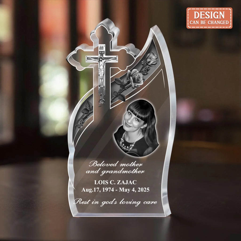 Personalized God's Loving Care Memorial Cross Tribute Acrylic Plaque - Memorial Gift Idea For Family Members - Upload Photo