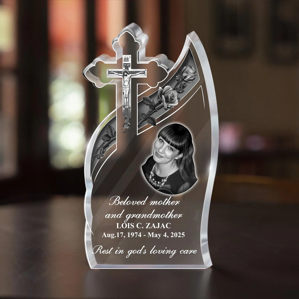 Personalized God's Loving Care Memorial Cross Tribute Acrylic Plaque - Memorial Gift Idea For Family Members - Upload Photo