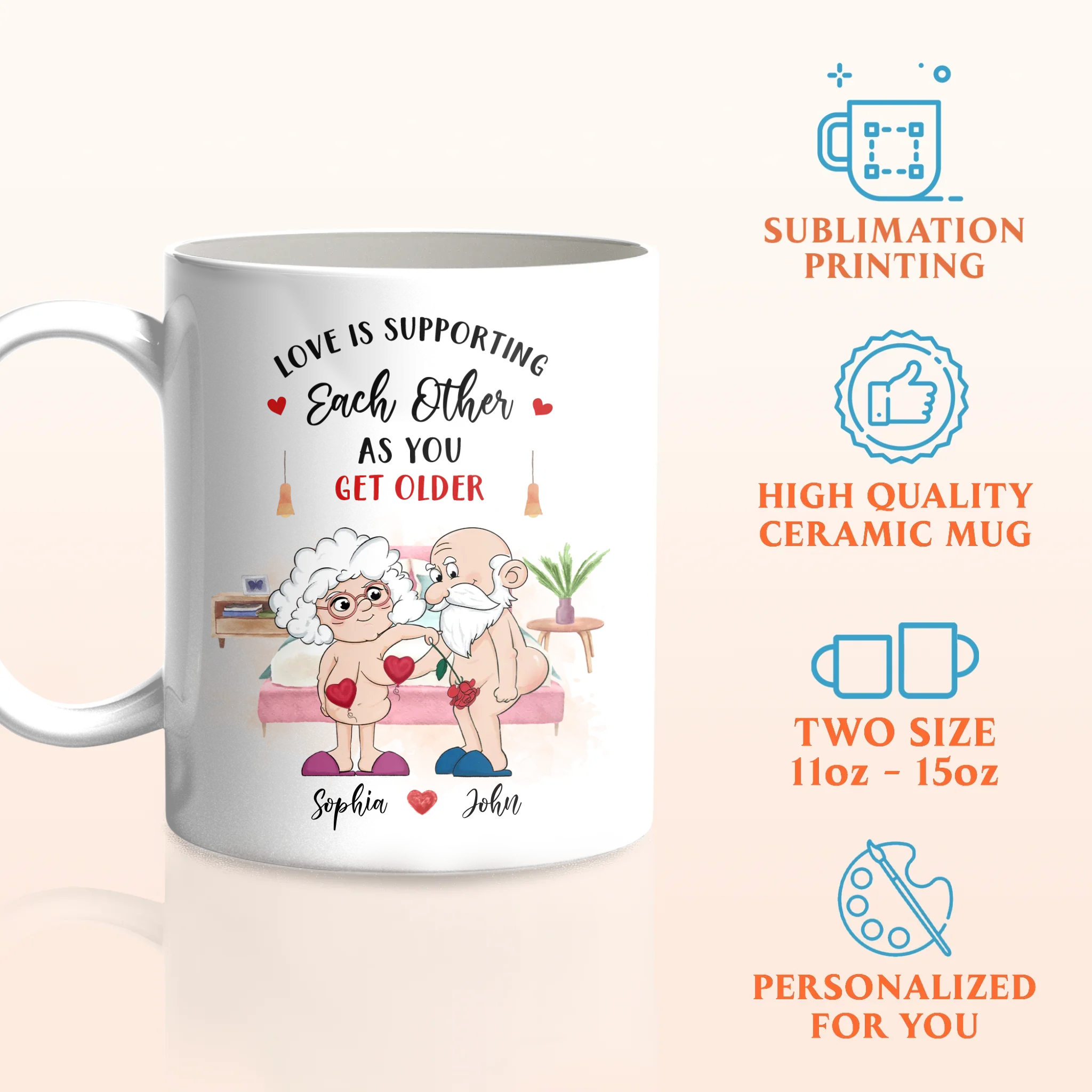 Personalized Funny Old Couple Coffee Mug - Gift Idea For Couple - Love Is Supporting Each Other As You Get Older