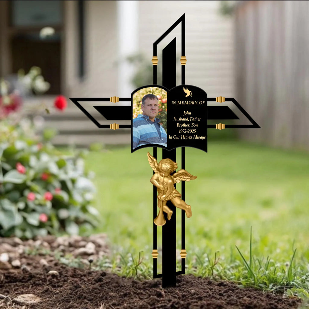 Personalized Memorial Angel Cross Garden Stake Metal Sign - Memorial Gift Idea - Upload Photo - In Memory Of