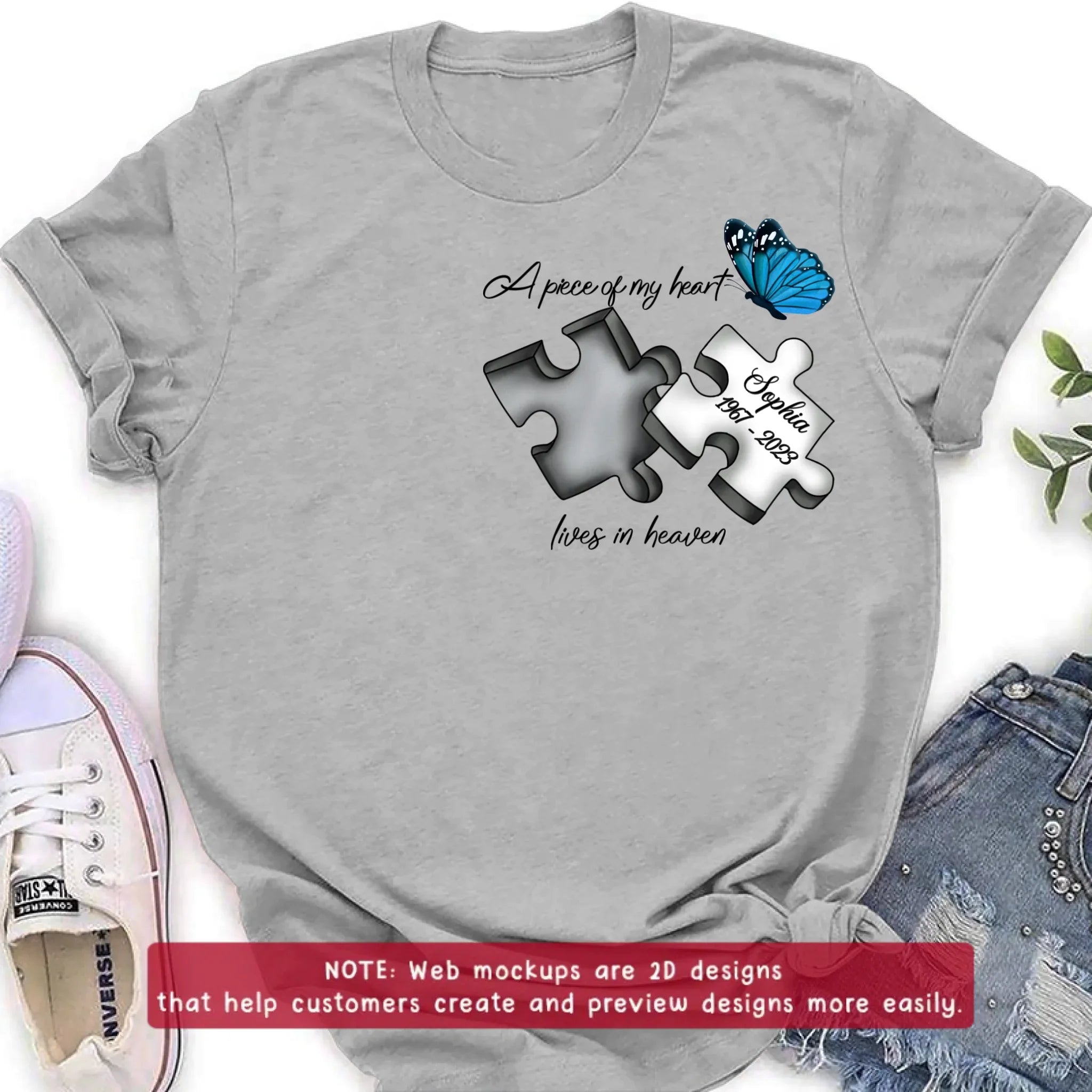 Personalized Memorial Embroidered T-Shirt/Hoodie/Sweater - Up to 5 Puzzles - Memorial Gift for Mother's Day/Father's Day - A Piece Of My Heart Lives In Heaven