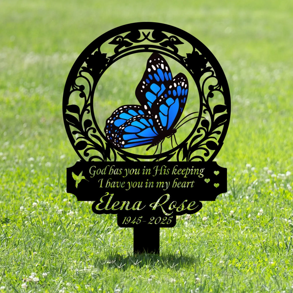 Personalized Memorial Stake - Sympathy Remembrance Metal Sign - God Has You In His Keeping I Have You In My Heart