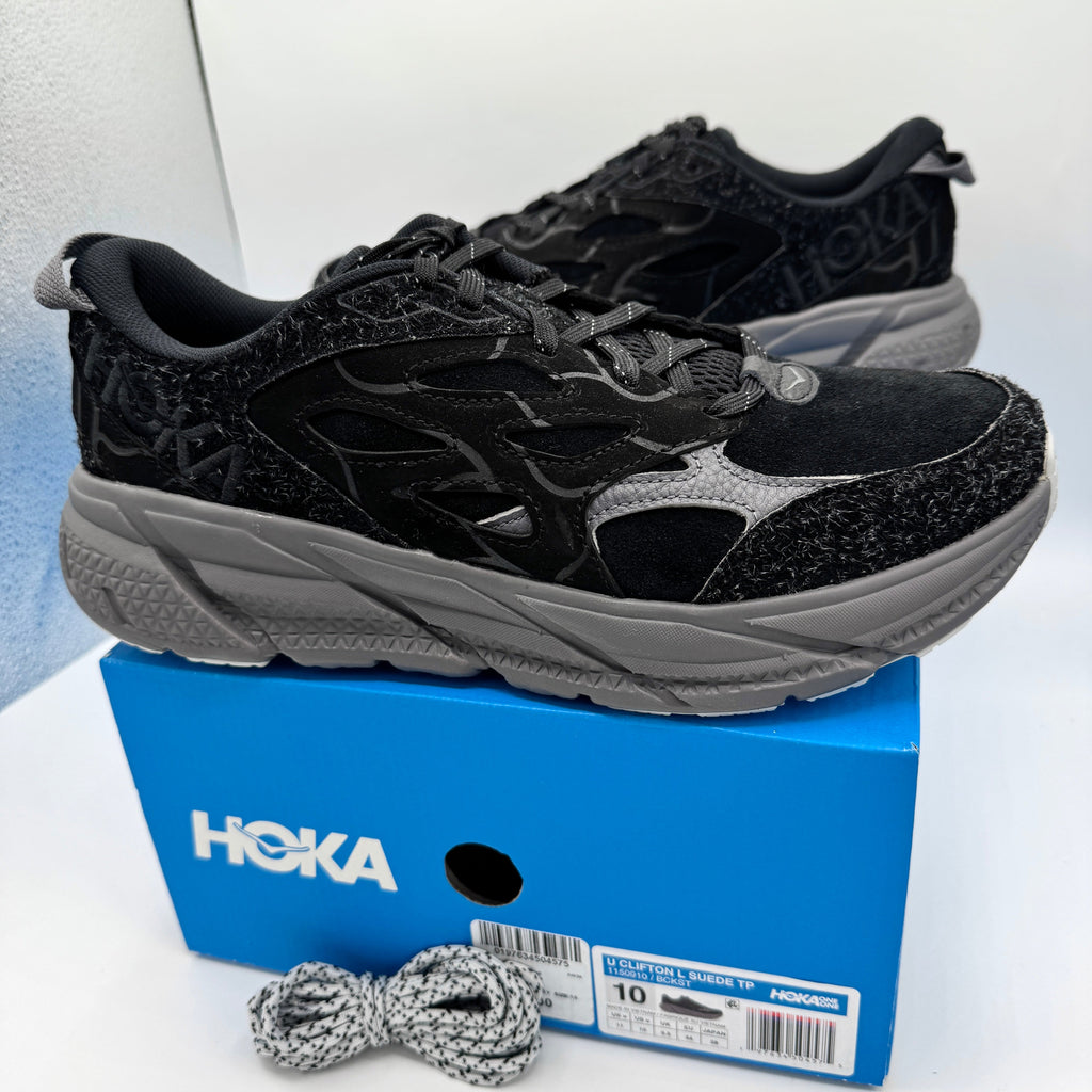 Hoka Clifton Elite Terrain System L Suede Leather Black Grey Unisex Sneakers