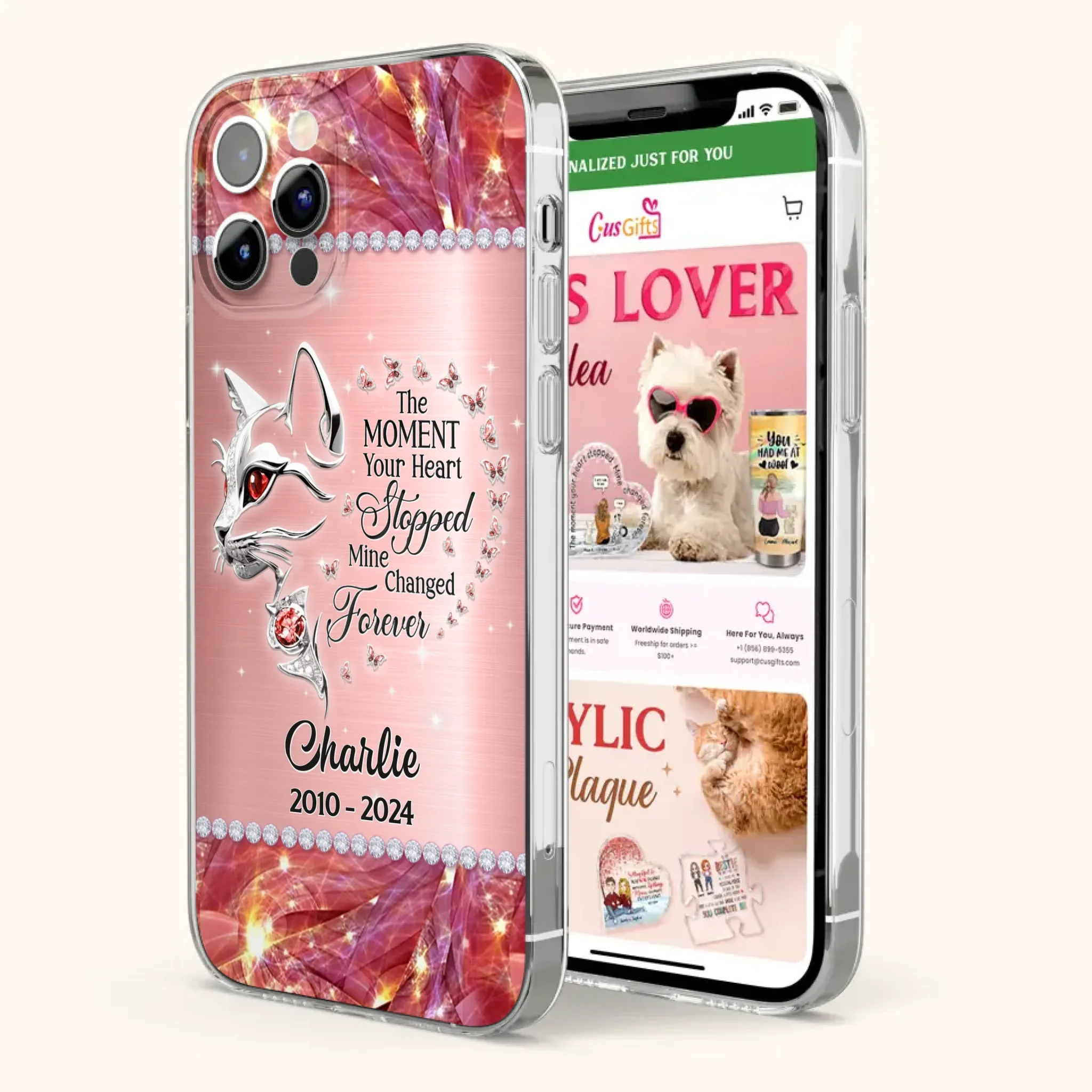 Custom Personalized Memorial Cat Phone Case - Memorial Gift For Cat Lover -  The Moment Your Heart Stopped Mine Changed Forever - Case For iPhone/ Samsung