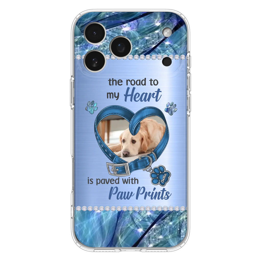 Custom Personalized Memorial Dog Collar Phone Case - Upload Photo - Memorial Gift Idea For Dog Owner - The Road To My Heart Is Paved With Paw Prints - Case for iPhone/ Samsung