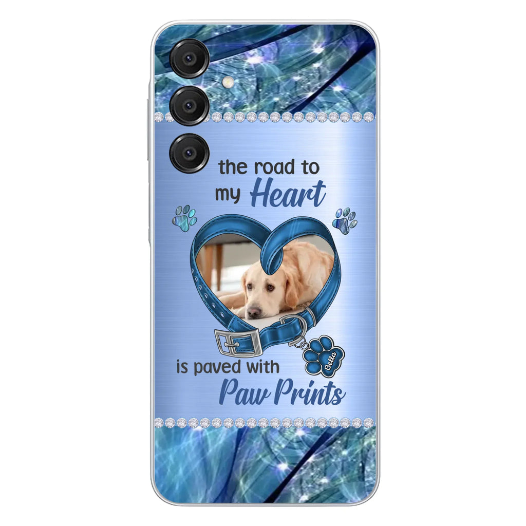 Custom Personalized Memorial Dog Collar Phone Case - Upload Photo - Memorial Gift Idea For Dog Owner - The Road To My Heart Is Paved With Paw Prints - Case for iPhone/ Samsung