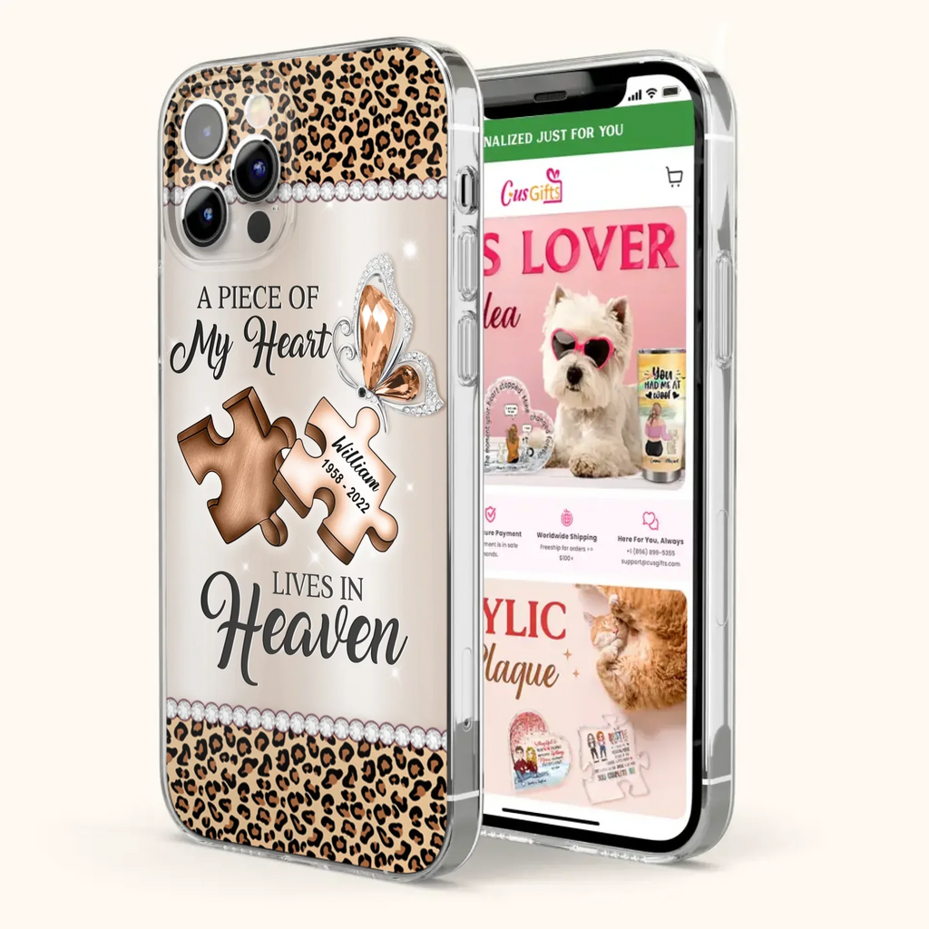 Custom Personalized Memorial Leopard Phone Case - Memorial Gift Idea for Family Member/ Father's Day/ Mother's Day - Case for iPhone/ Samsung - A Piece Of My Heart Lives In Heaven