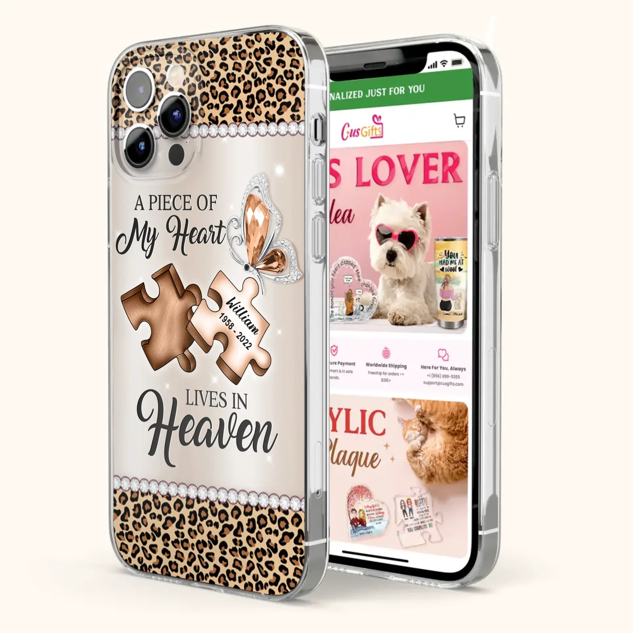 Custom Personalized Memorial Leopard Phone Case - Memorial Gift Idea for Family Member/ Father's Day/ Mother's Day - Case for iPhone/ Samsung - A Piece Of My Heart Lives In Heaven