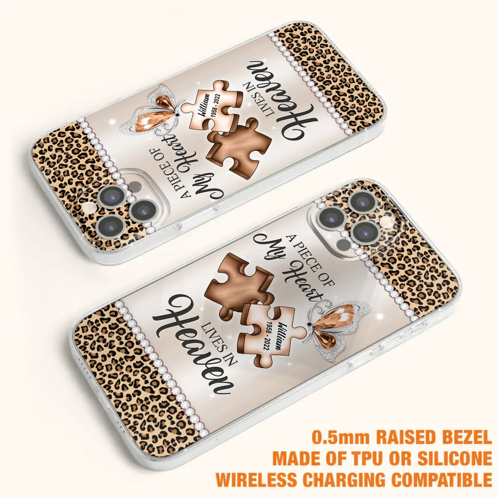 Custom Personalized Memorial Leopard Phone Case - Memorial Gift Idea for Family Member/ Father's Day/ Mother's Day - Case for iPhone/ Samsung - A Piece Of My Heart Lives In Heaven