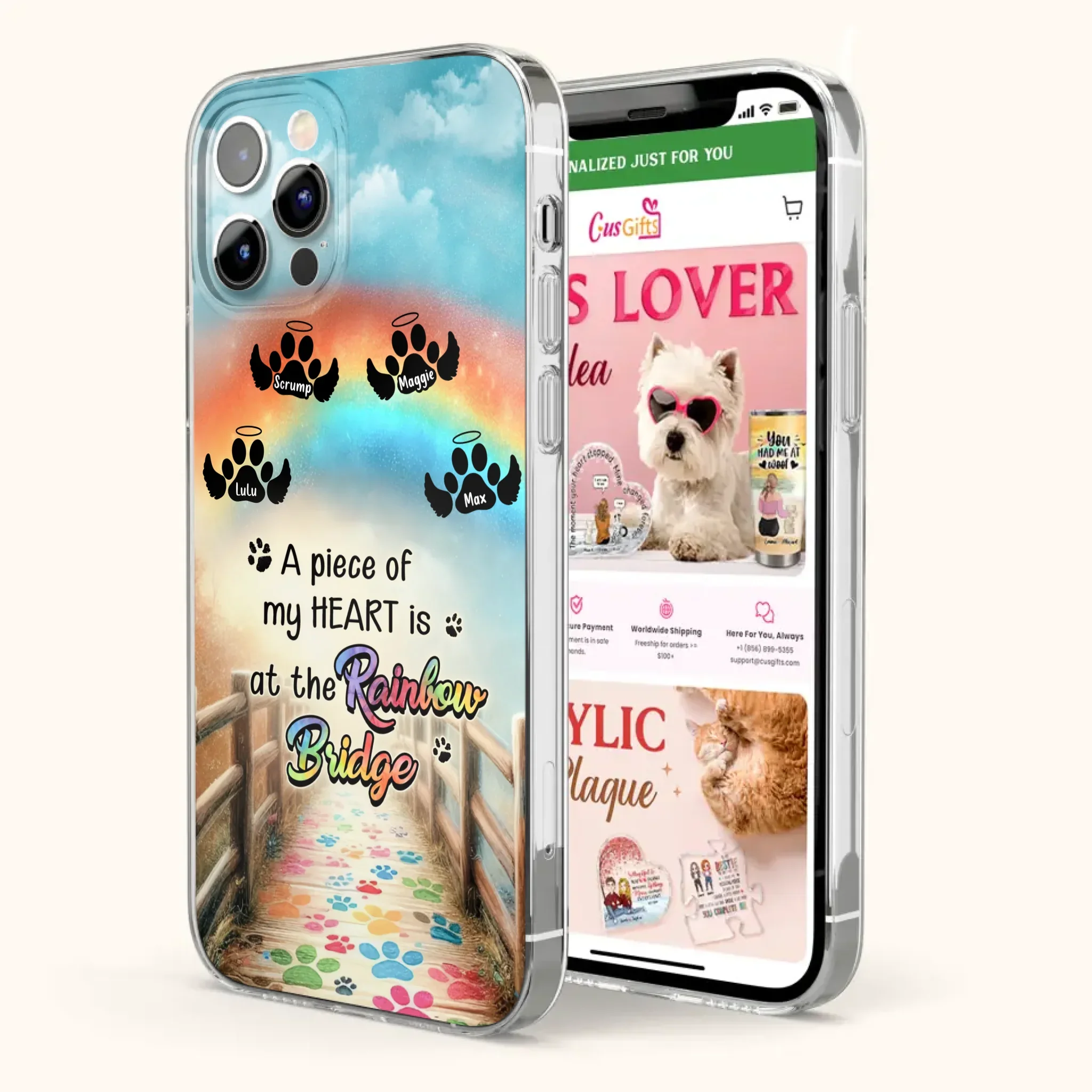 Custom Personalized Rainbow Bridge Memorial Phone Case - Memorial Gift Idea For Dog Lover - Upto 4 Dogs - A Piece Of My Heart Is At The Rainbow Bridge - Case For iPhone/Samsung