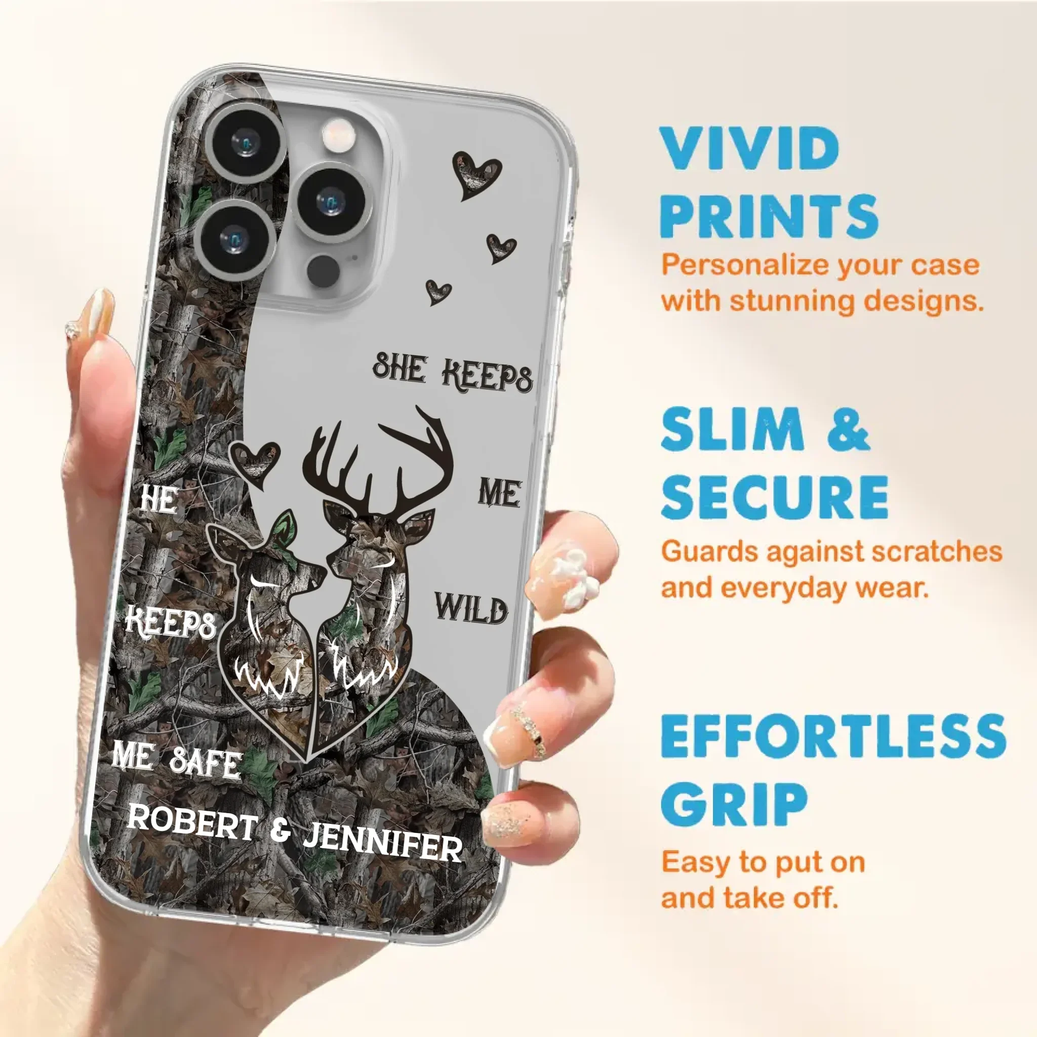 Custom Personalized Deer Couple Phone Case - Gift Idea For Couple - He Keeps Me Safe She Keeps Me Wild - Case For iPhone/Samsung