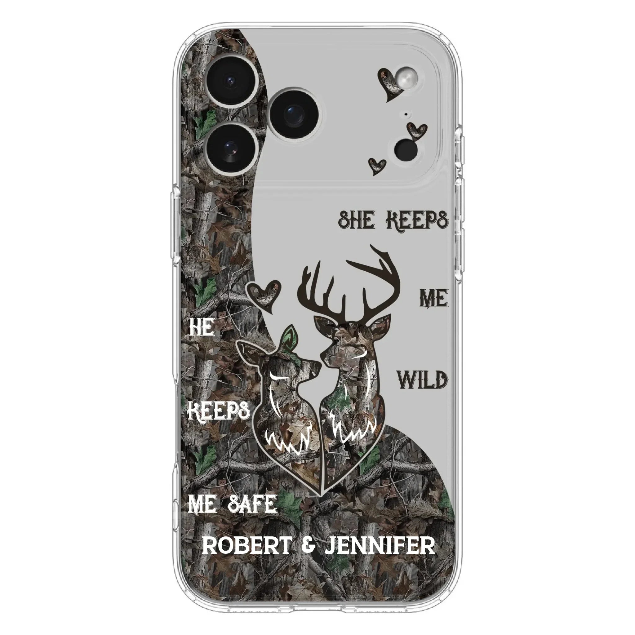 Custom Personalized Deer Couple Phone Case - Gift Idea For Couple - He Keeps Me Safe She Keeps Me Wild - Case For iPhone/Samsung