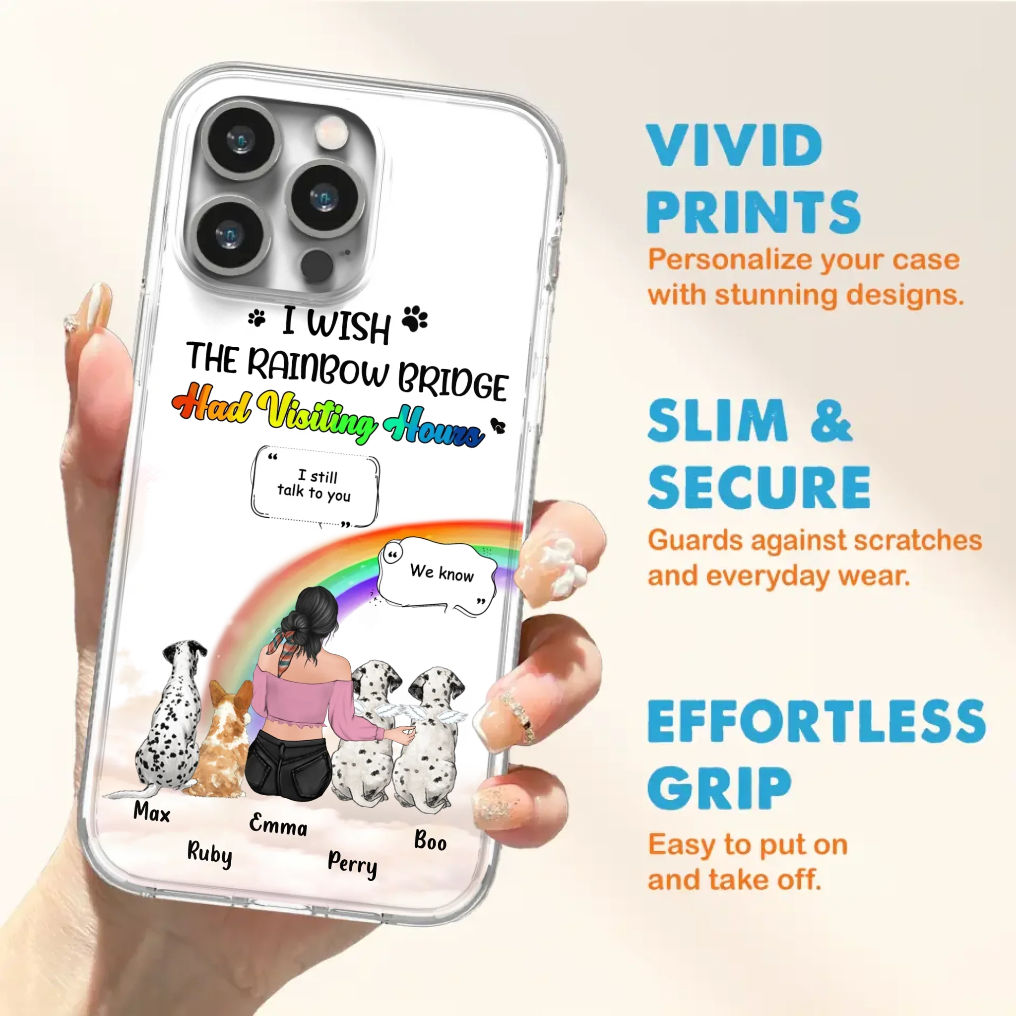Personalized Pet Mom Phone Case - Upto 4 Pets - Memorial Gift Idea for Dog/Cat Lovers - I Wish The Rainbow Bridge Had Visiting Hours - Case for iPhone/Samsung