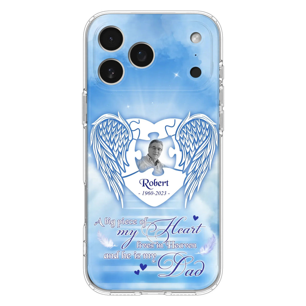 Custom Personalized Memorial Photo Phone Case - Memorial Gift Idea For Family - A Big Piece Of My Heart Lives In Heaven And He Is My Dad - Case For iPhone/Samsung