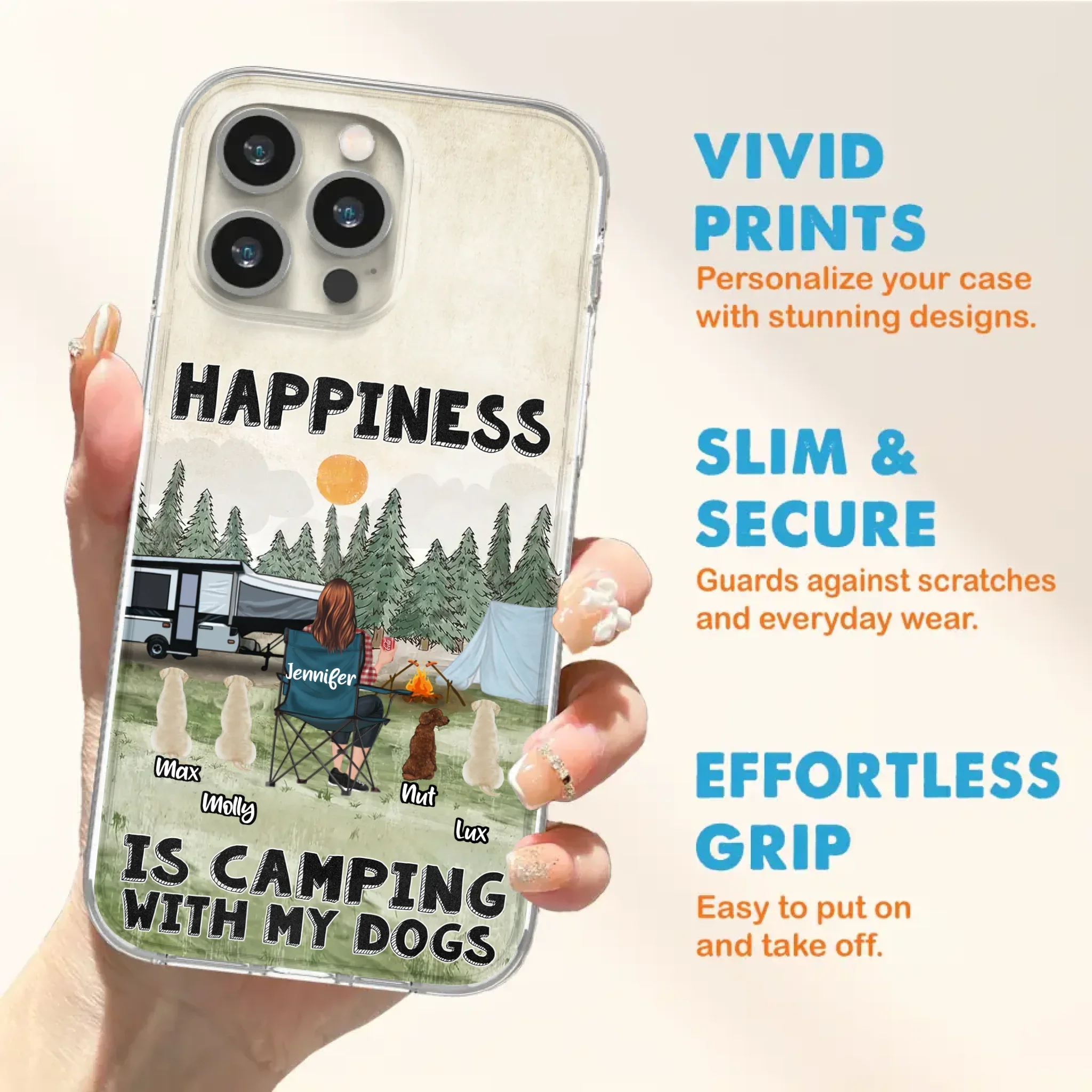 Personalized Camping Phone Case - Gift Idea For Girl & Dogs - Upto 4 Dogs - Happiness Is Camping With My Dogs - Case For iPhone/Samsung