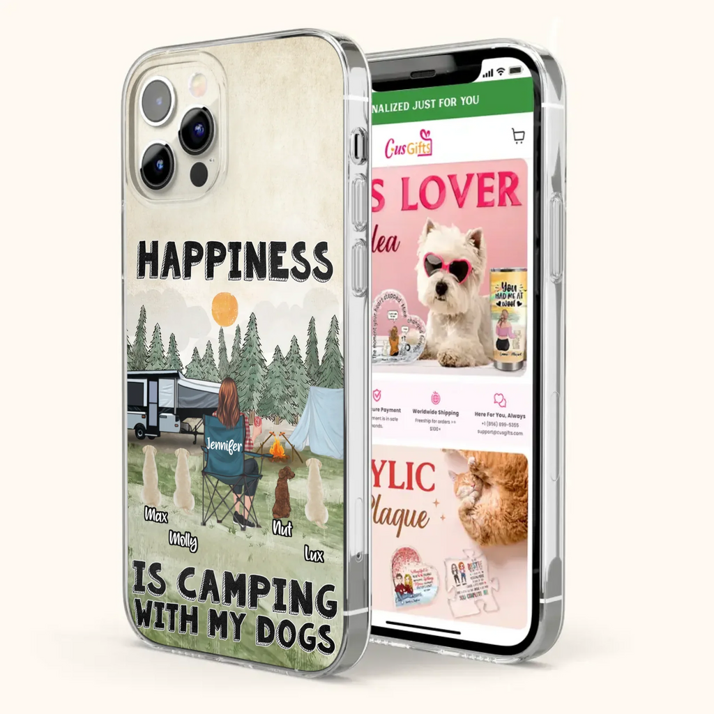 Personalized Camping Phone Case - Gift Idea For Girl & Dogs - Upto 4 Dogs - Happiness Is Camping With My Dogs - Case For iPhone/Samsung