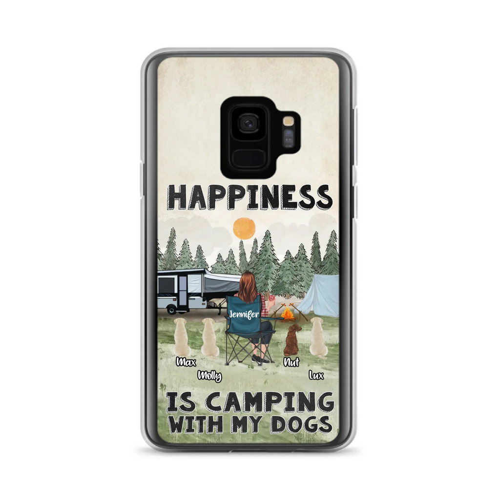 Personalized Camping Phone Case - Gift Idea For Girl & Dogs - Upto 4 Dogs - Happiness Is Camping With My Dogs - Case For iPhone/Samsung