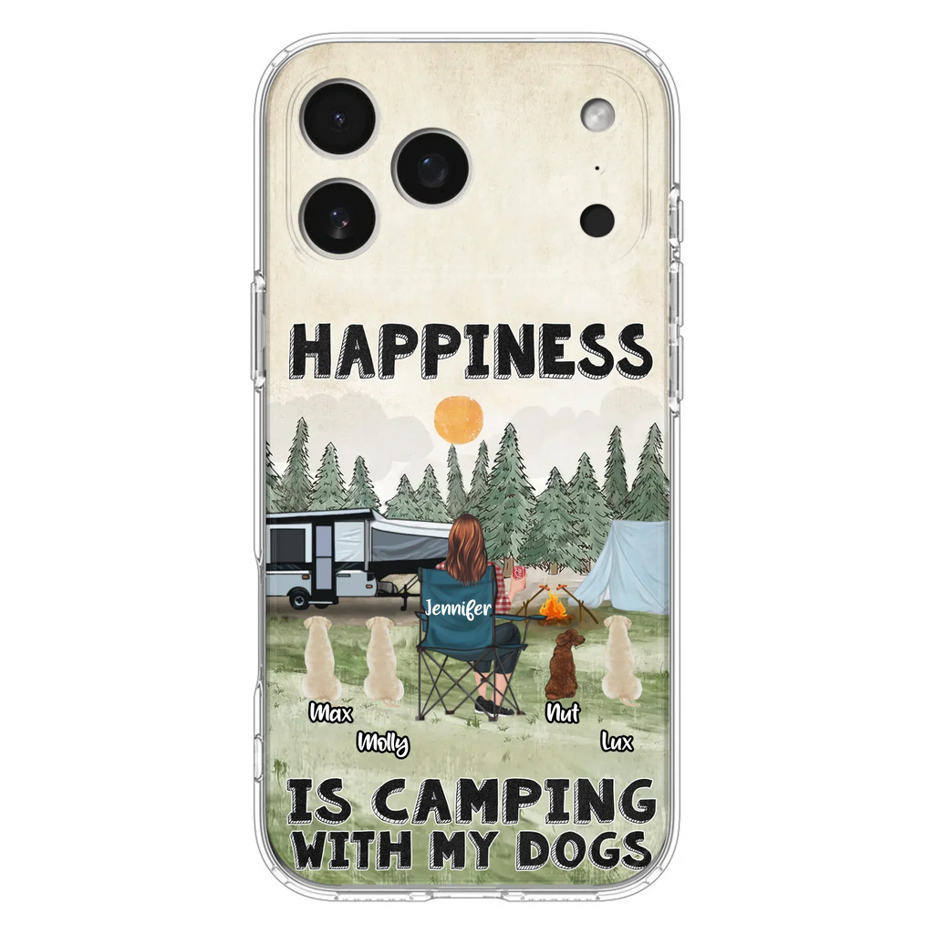 Personalized Camping Phone Case - Gift Idea For Girl & Dogs - Upto 4 Dogs - Happiness Is Camping With My Dogs - Case For iPhone/Samsung