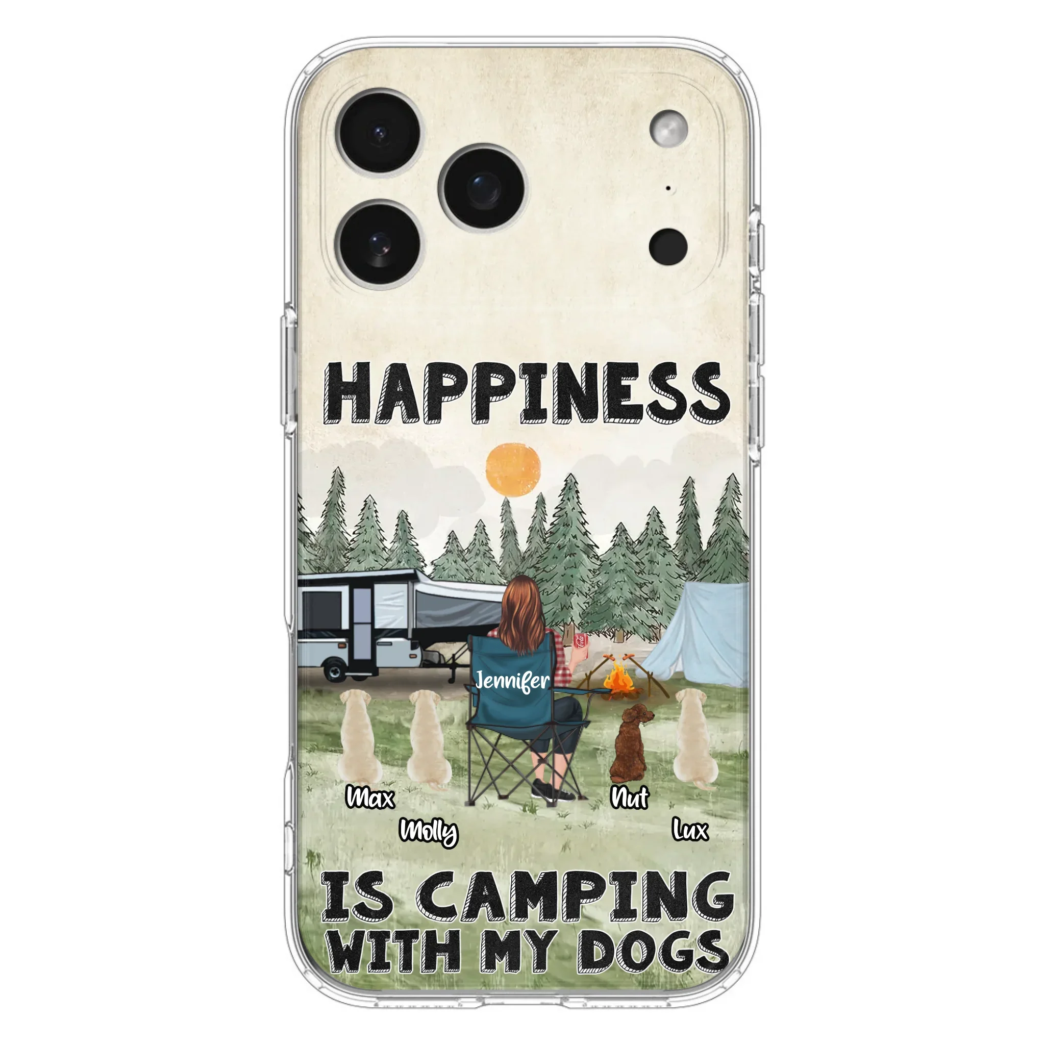 Personalized Camping Phone Case - Gift Idea For Girl & Dogs - Upto 4 Dogs - Happiness Is Camping With My Dogs - Case For iPhone/Samsung