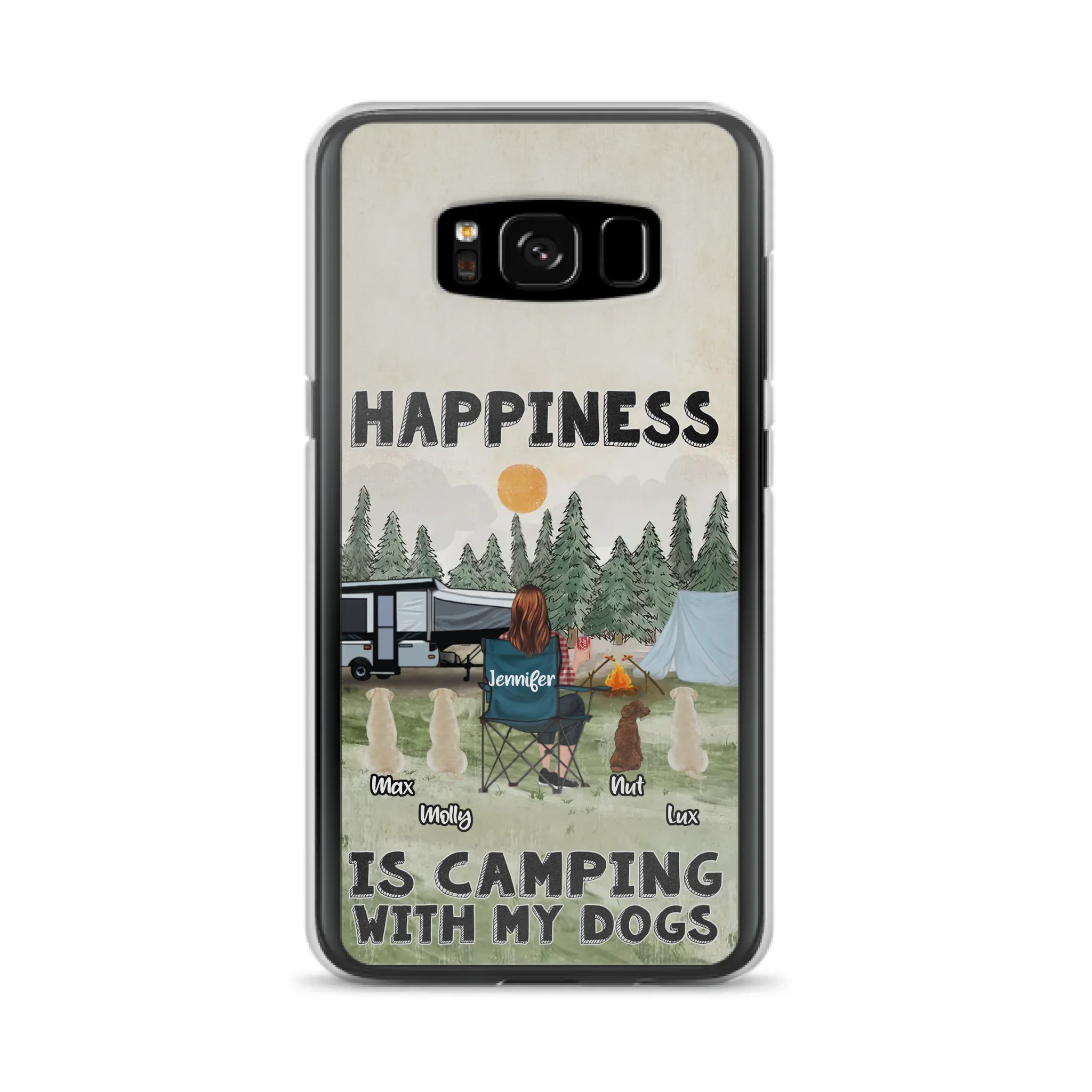 Personalized Camping Phone Case - Gift Idea For Girl & Dogs - Upto 4 Dogs - Happiness Is Camping With My Dogs - Case For iPhone/Samsung