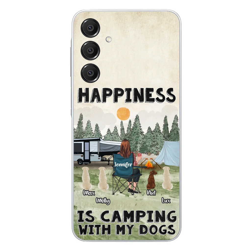 Personalized Camping Phone Case - Gift Idea For Girl & Dogs - Upto 4 Dogs - Happiness Is Camping With My Dogs - Case For iPhone/Samsung