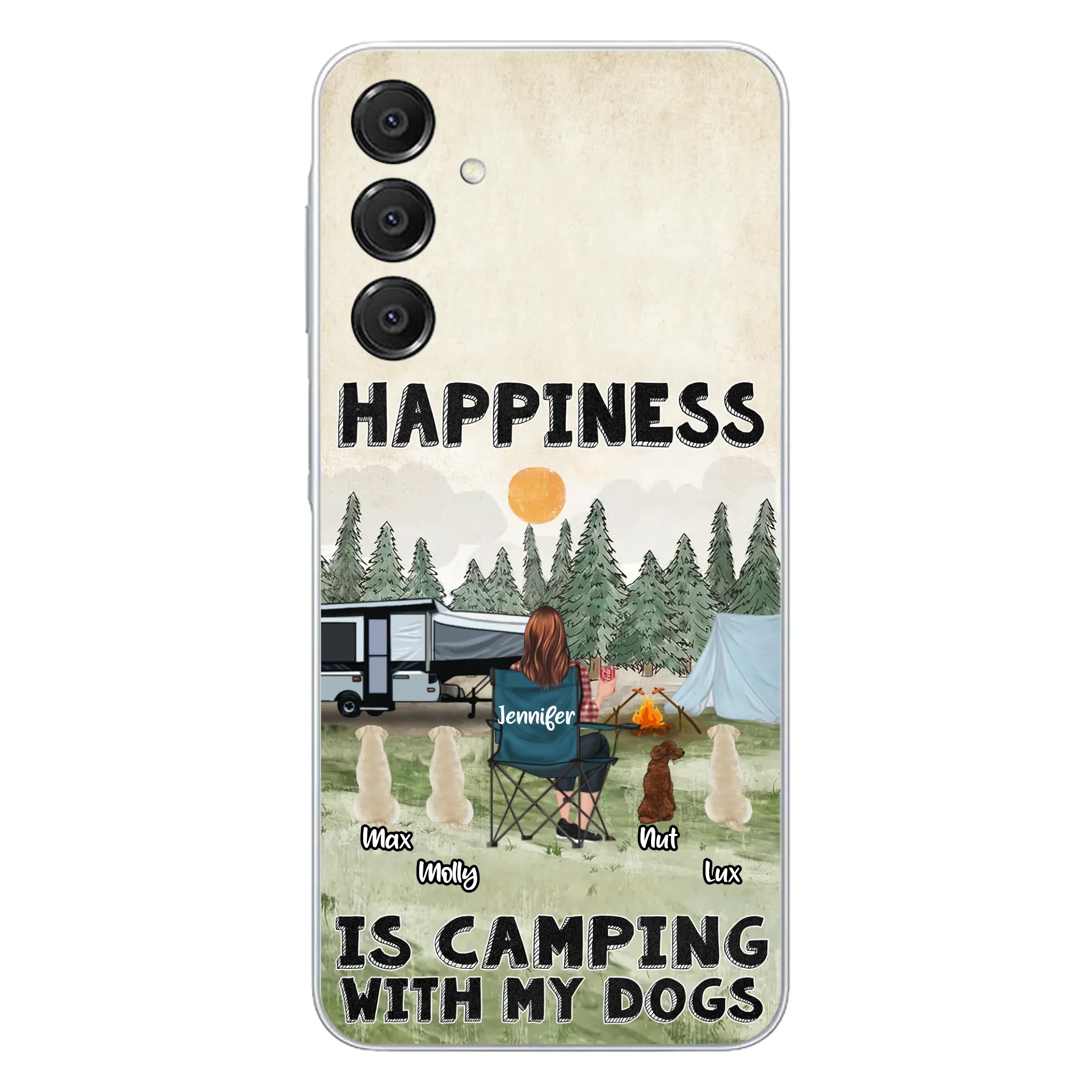 Personalized Camping Phone Case - Gift Idea For Girl & Dogs - Upto 4 Dogs - Happiness Is Camping With My Dogs - Case For iPhone/Samsung