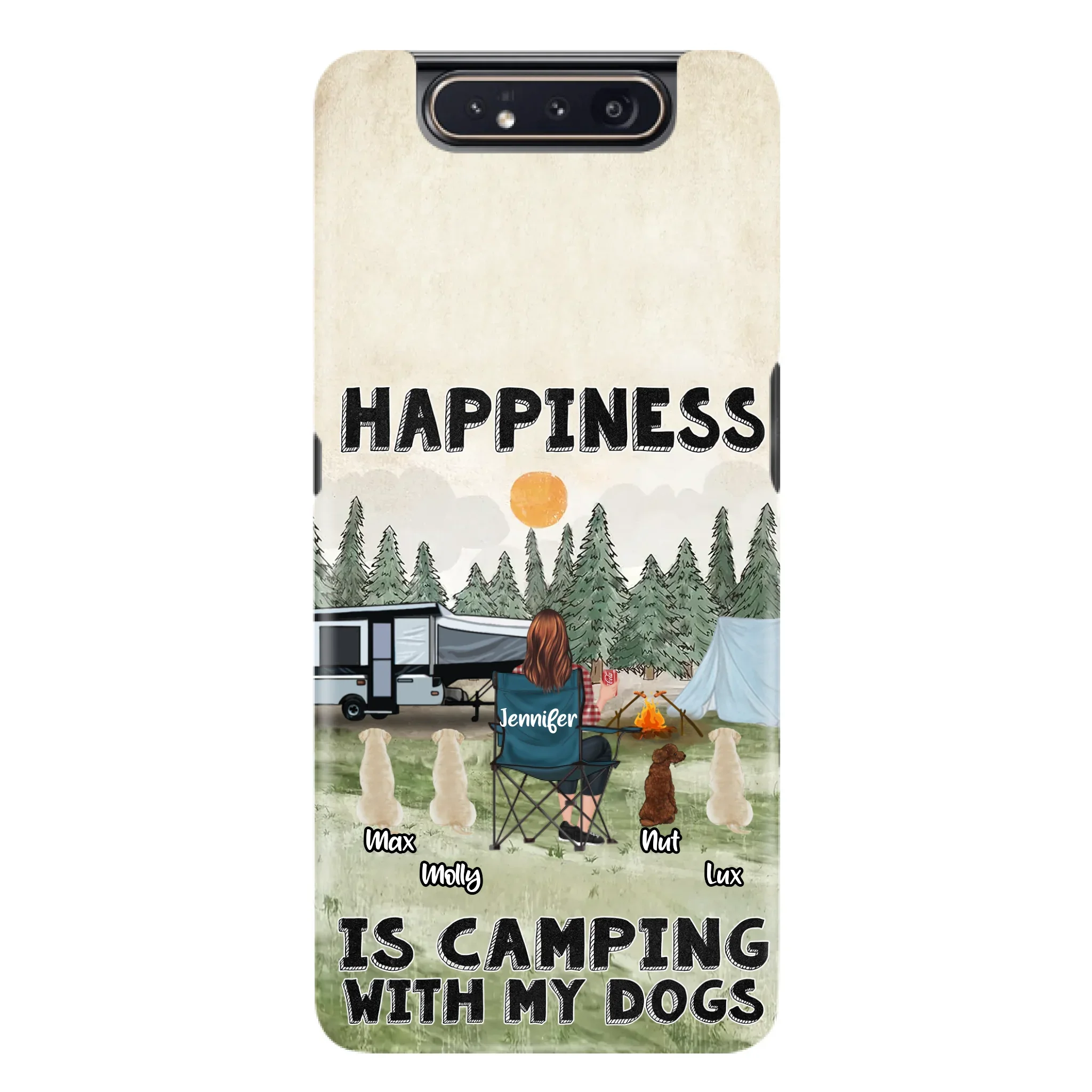 Personalized Camping Phone Case - Gift Idea For Girl & Dogs - Upto 4 Dogs - Happiness Is Camping With My Dogs - Case For iPhone/Samsung