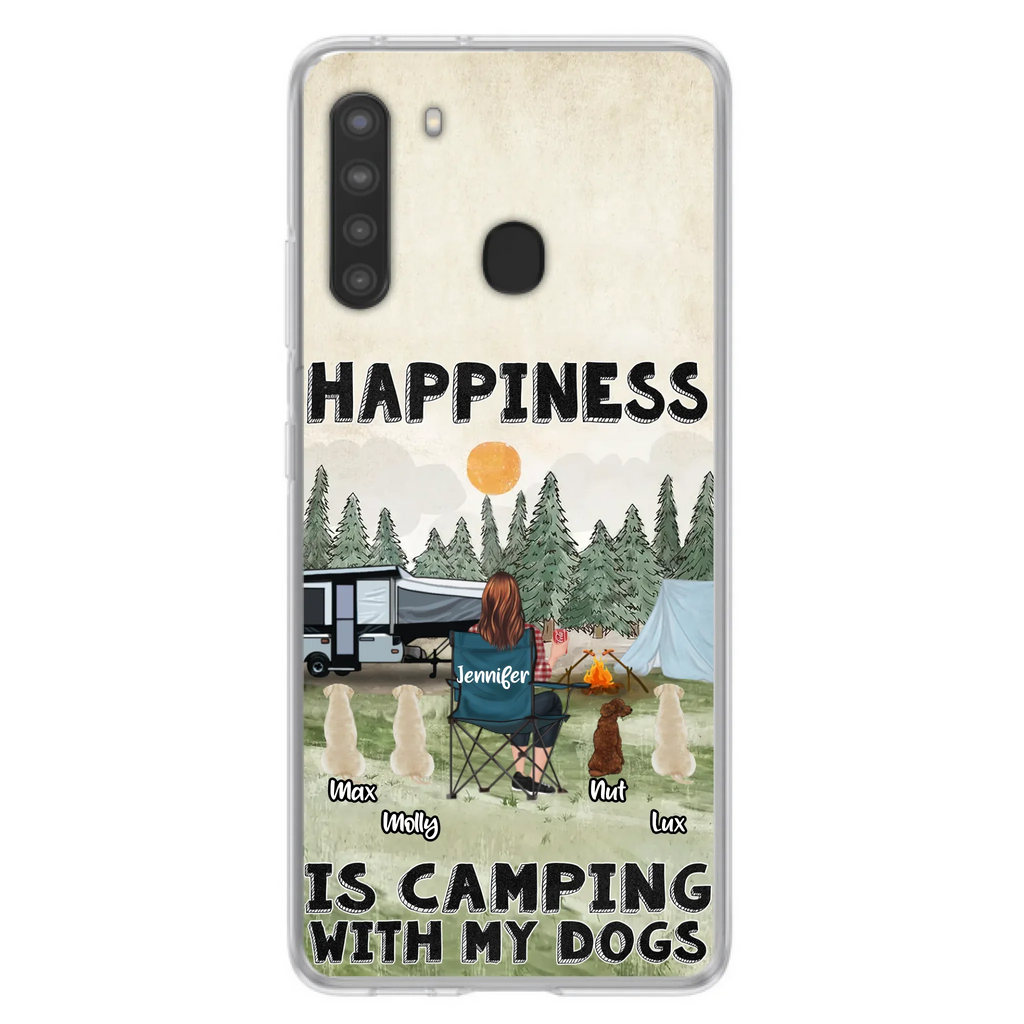 Personalized Camping Phone Case - Gift Idea For Girl & Dogs - Upto 4 Dogs - Happiness Is Camping With My Dogs - Case For iPhone/Samsung