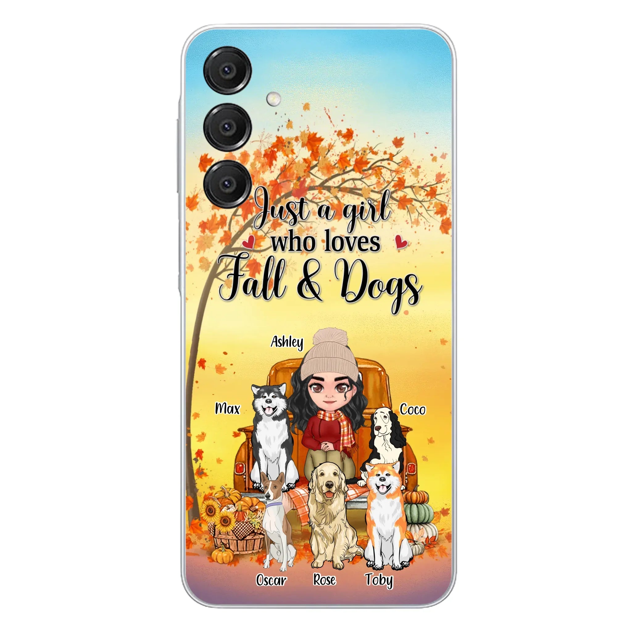Custom Personalized Dog Mom Fall Season Phone Case - Autumn Gift Idea For Dog Owners - Upto 5 Dogs -  Case For iPhone/Samsung - Just A Girl Who Loves Fall & Dogs