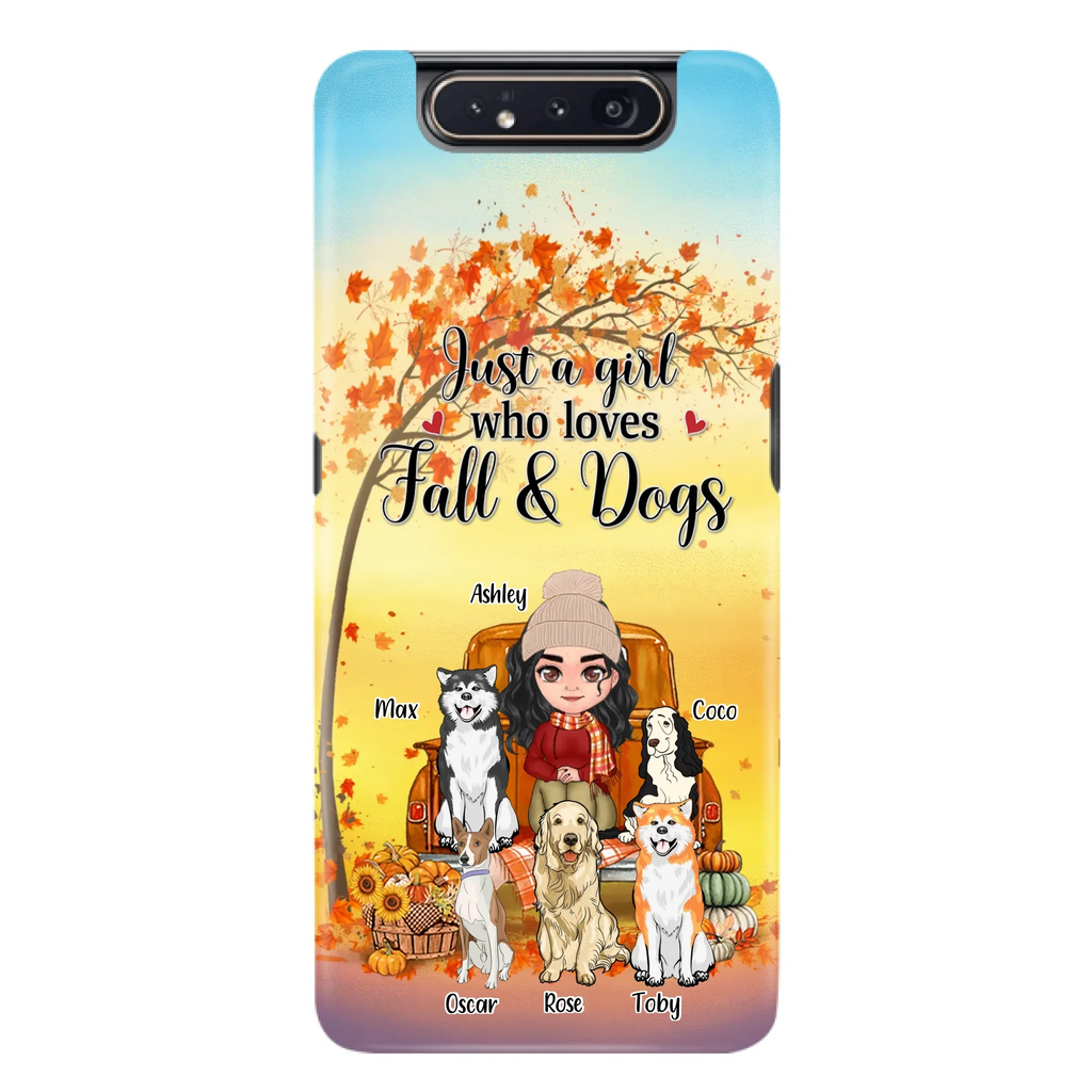 Custom Personalized Dog Mom Fall Season Phone Case - Autumn Gift Idea For Dog Owners - Upto 5 Dogs -  Case For iPhone/Samsung - Just A Girl Who Loves Fall & Dogs