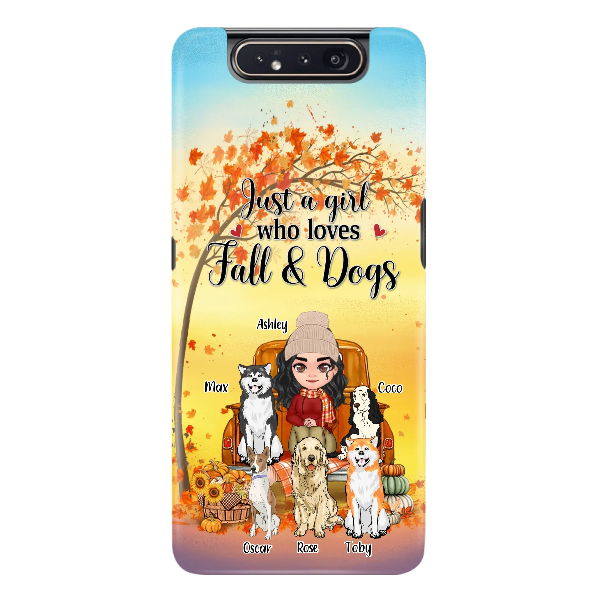 Custom Personalized Dog Mom Fall Season Phone Case - Autumn Gift Idea For Dog Owners - Upto 5 Dogs -  Case For iPhone/Samsung - Just A Girl Who Loves Fall & Dogs