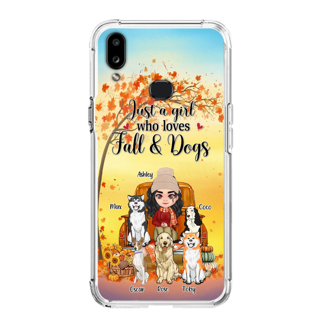Custom Personalized Dog Mom Fall Season Phone Case - Autumn Gift Idea For Dog Owners - Upto 5 Dogs -  Case For iPhone/Samsung - Just A Girl Who Loves Fall & Dogs